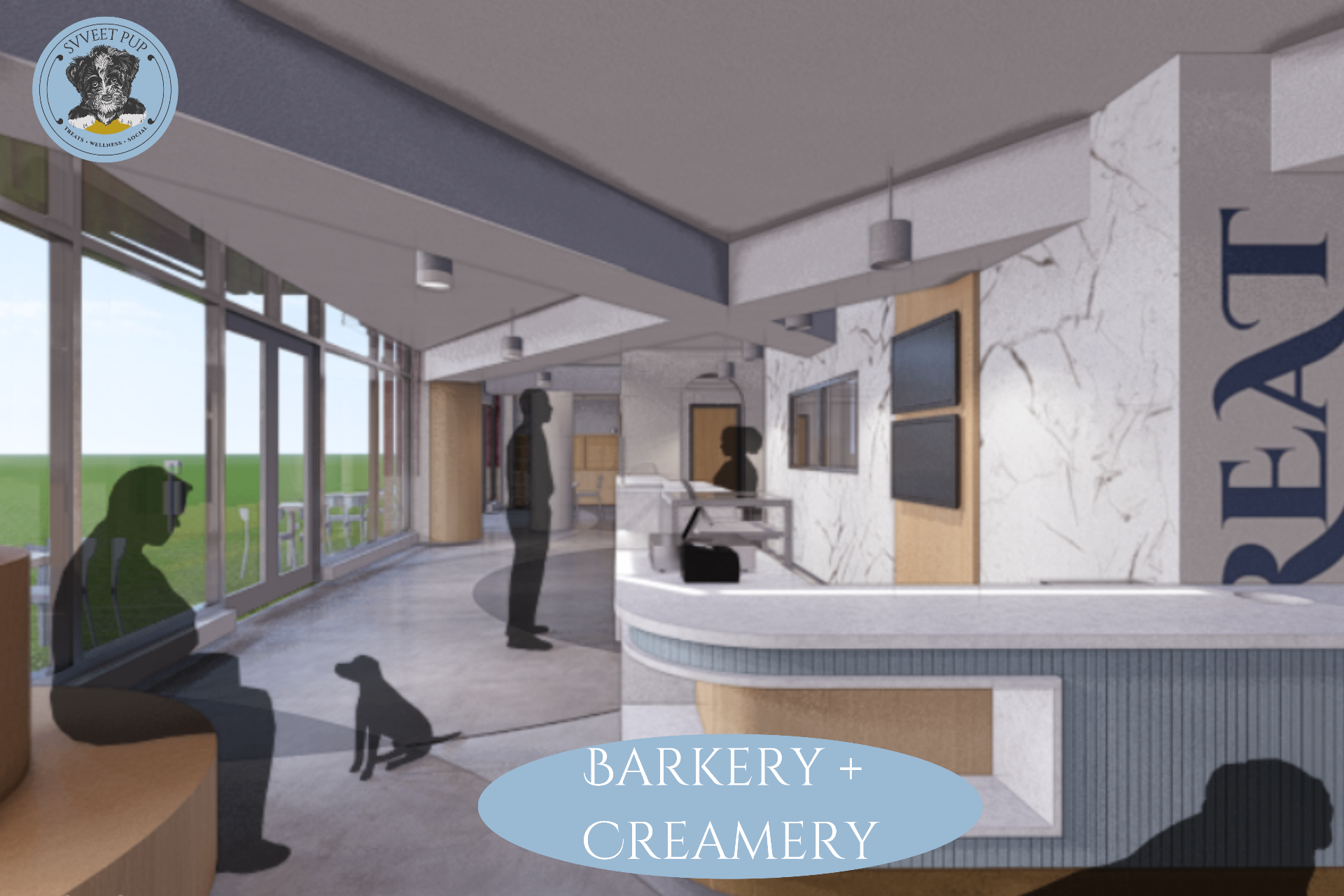 Svveet Pup Barkery and Creamery counter with marble feature wall and full-height glazing to the trail