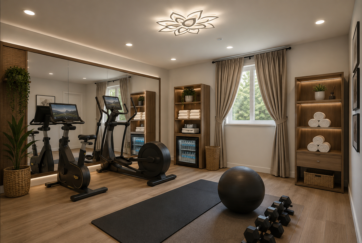 Private fitness room with cardio equipment, mirrored wall and integrated towel storage