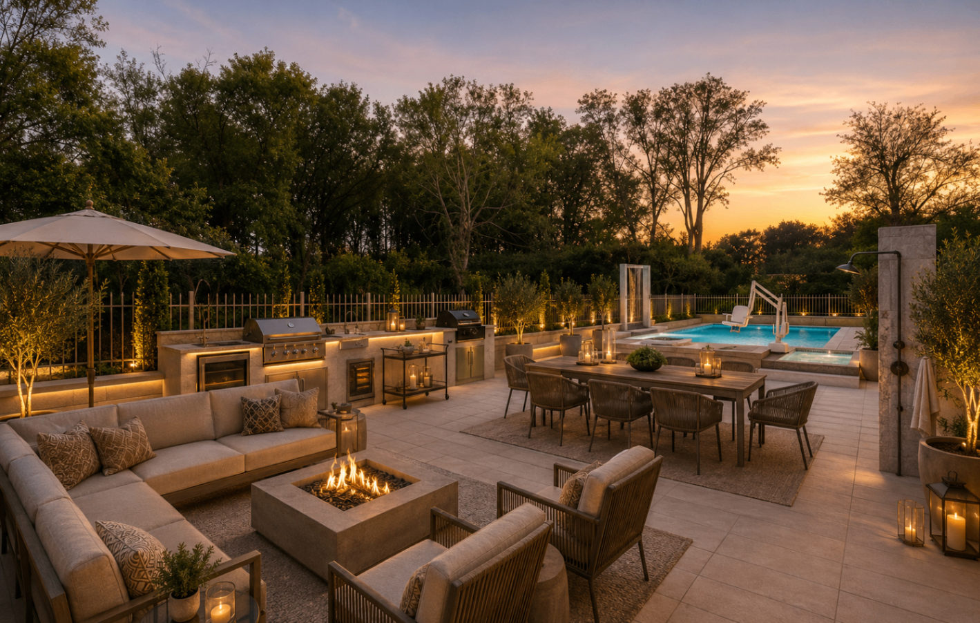 Estate outdoor terrace at dusk — outdoor kitchen with brass lighting, fire lounge, and pool with accessibility lift