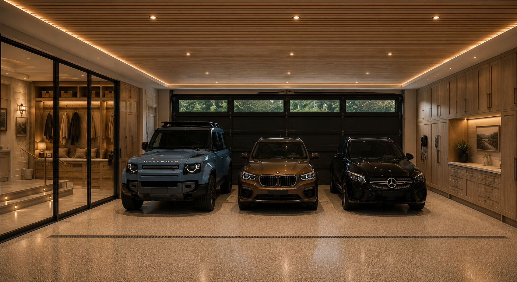 Wood-clad three-bay garage with cove lighting, glass-walled mudroom and vehicle bays
