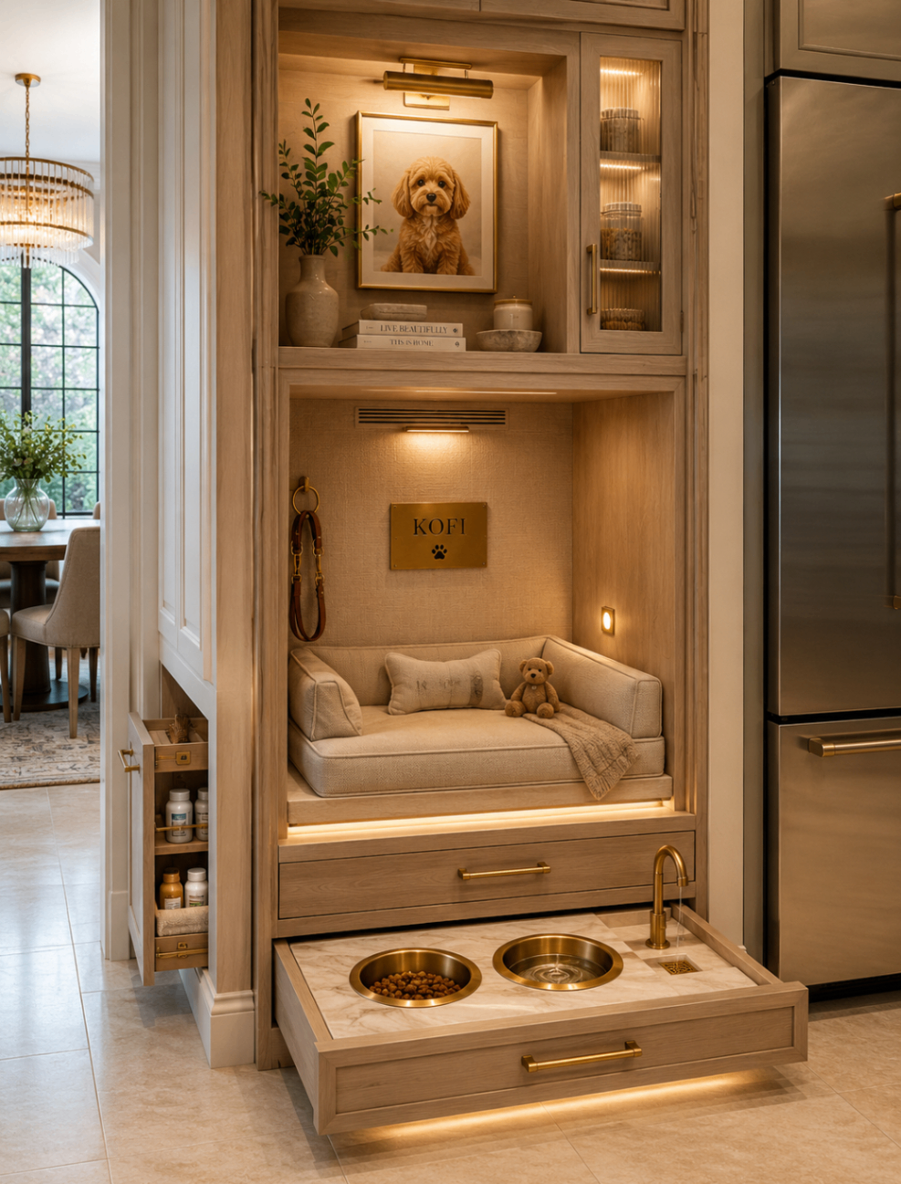 Built-in illuminated dog nook with feeding bowls and pull-out storage