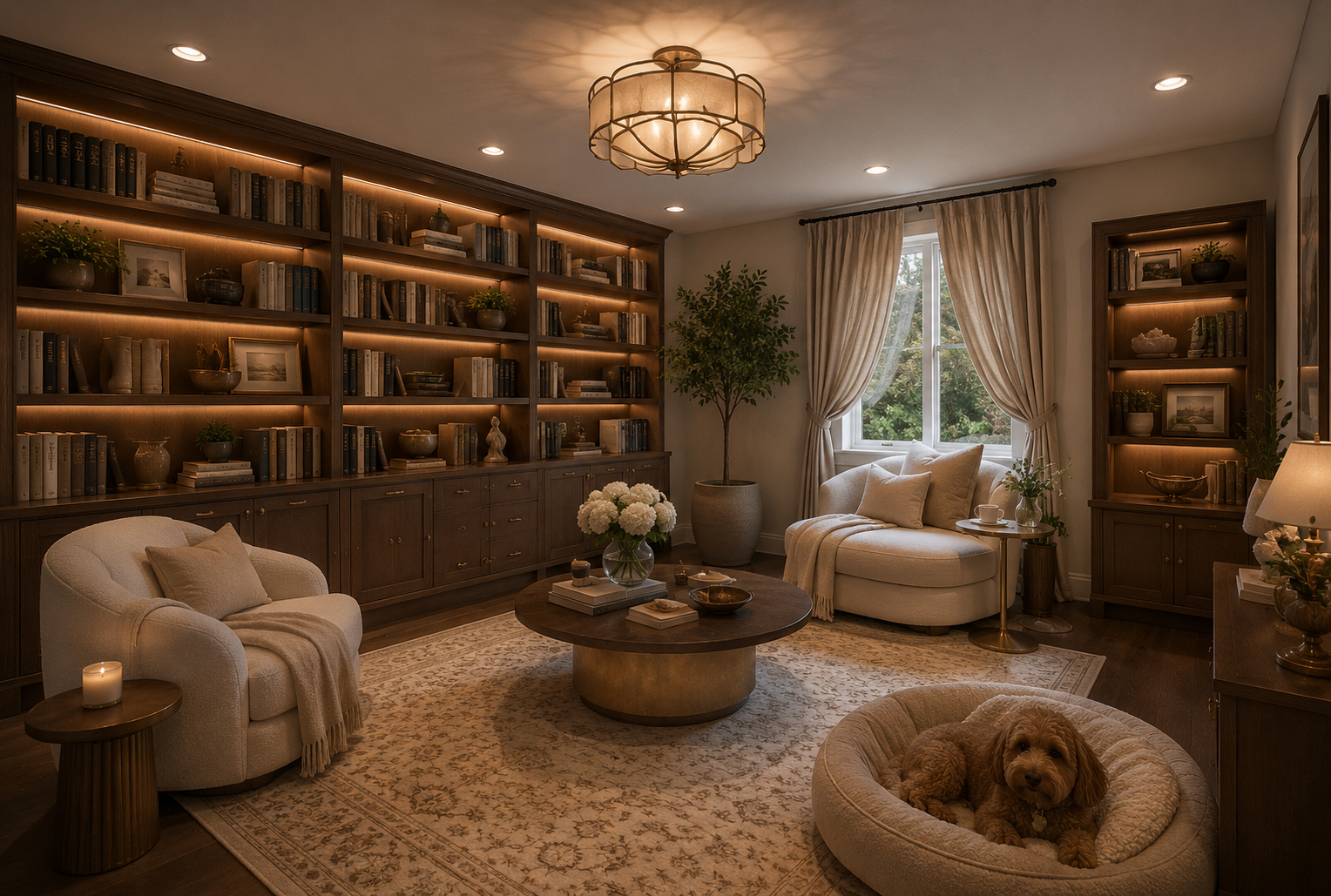 Warm library lounge with illuminated bookshelves, bouclé seating and an integrated dog bed