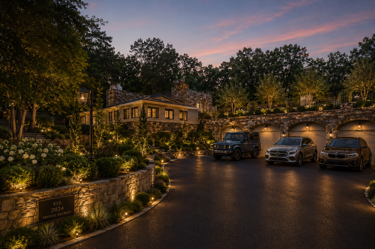 Stone motor court with arched garage bays and layered landscape lighting at dusk