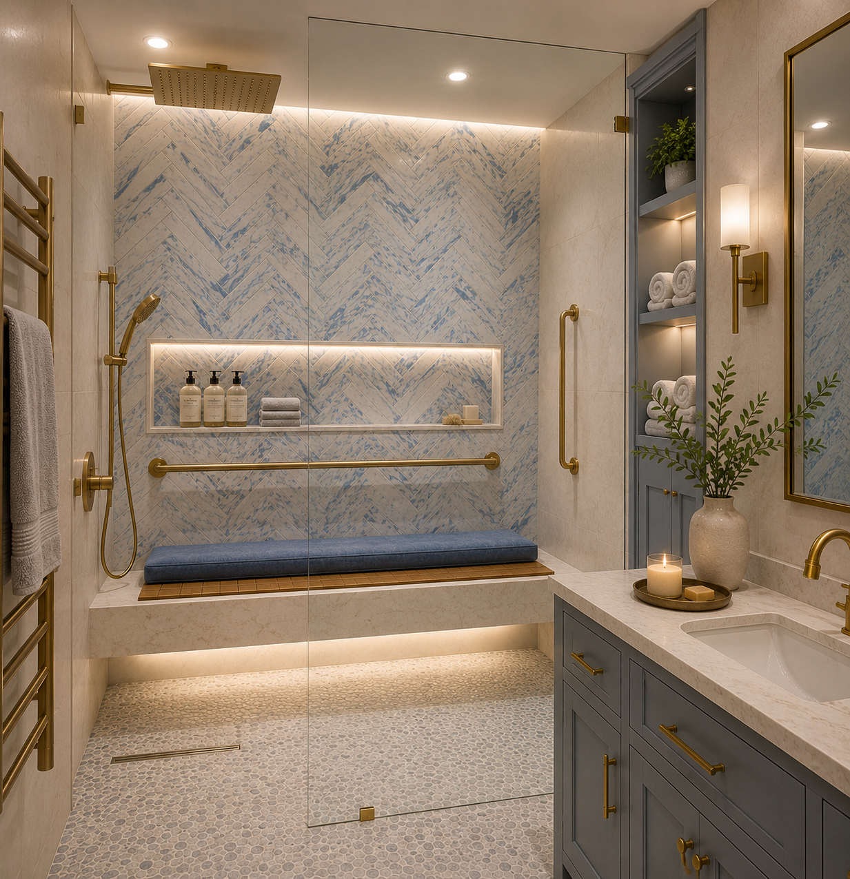 Accessible shower with brass grab bars, seated bench and blue herringbone tile