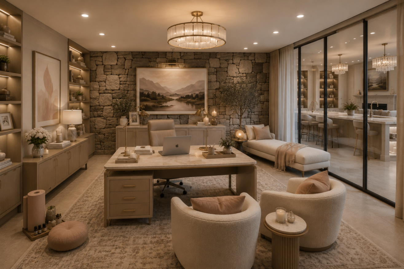 Home office with stone feature wall opening to kitchen