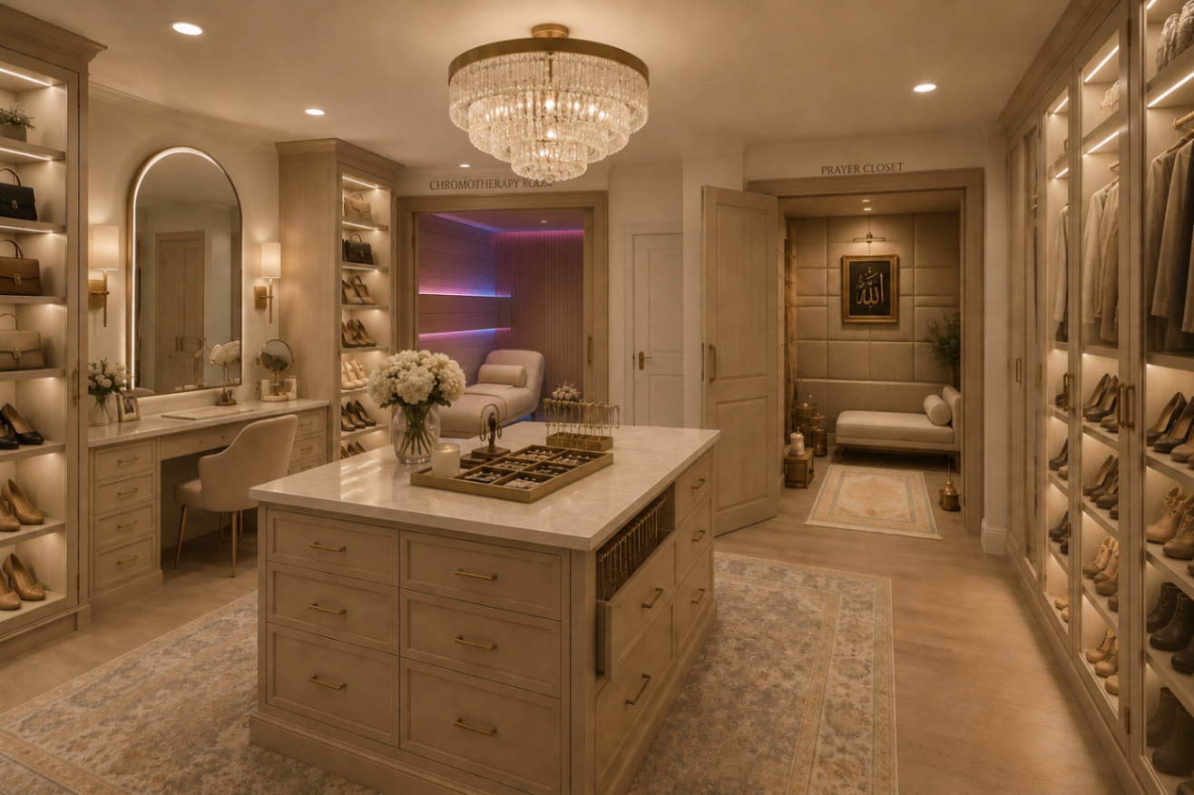 Dressing room with chromotherapy room and adjoining prayer closet