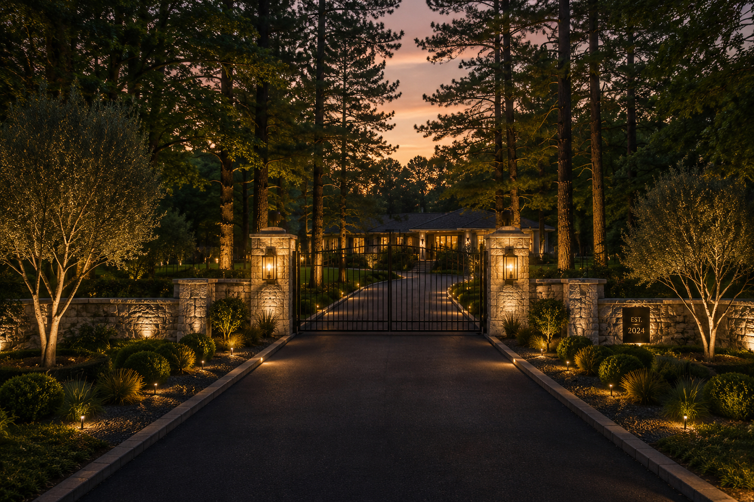Gated private estate entrance framed by uplighting and mature trees at dusk