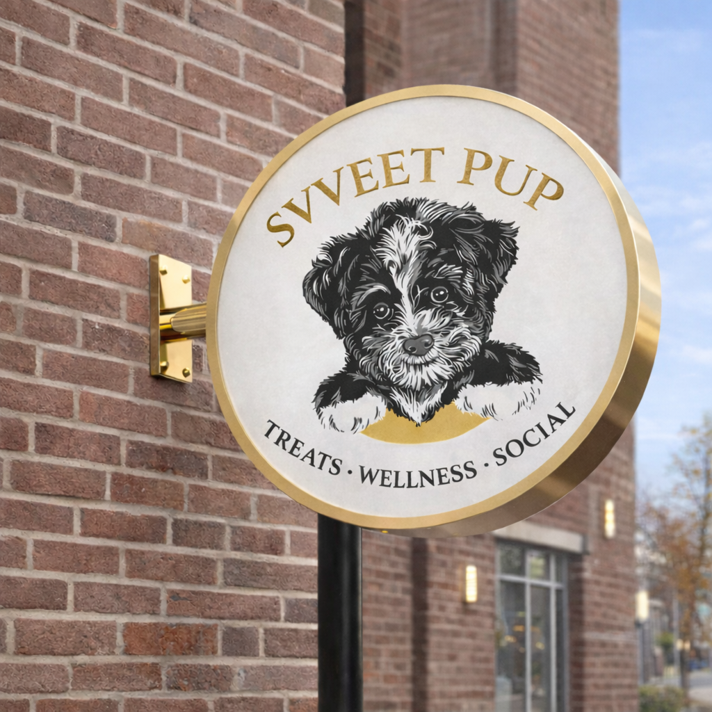 Svveet Pup brushed-brass blade sign mounted on brick facade