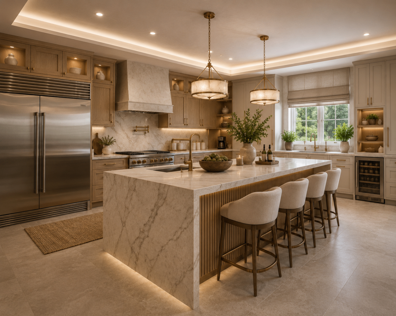 Warm-toned kitchen with marble island and brass fixtures