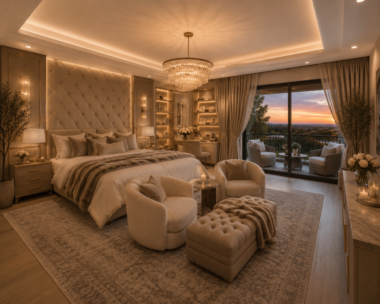 Primary bedroom at sunset with tufted headboard, crystal chandelier, and balcony overlooking a valley