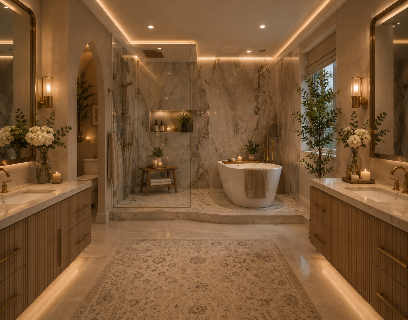 Marble primary bath with soaking tub and integrated lighting