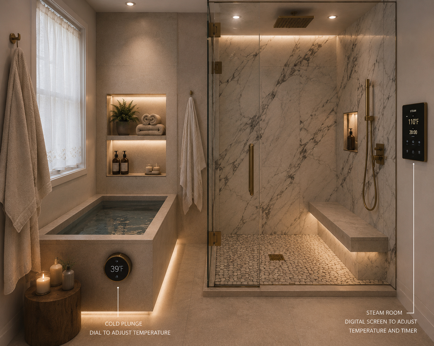 Marble spa suite with temperature-controlled cold plunge and glass-enclosed steam room