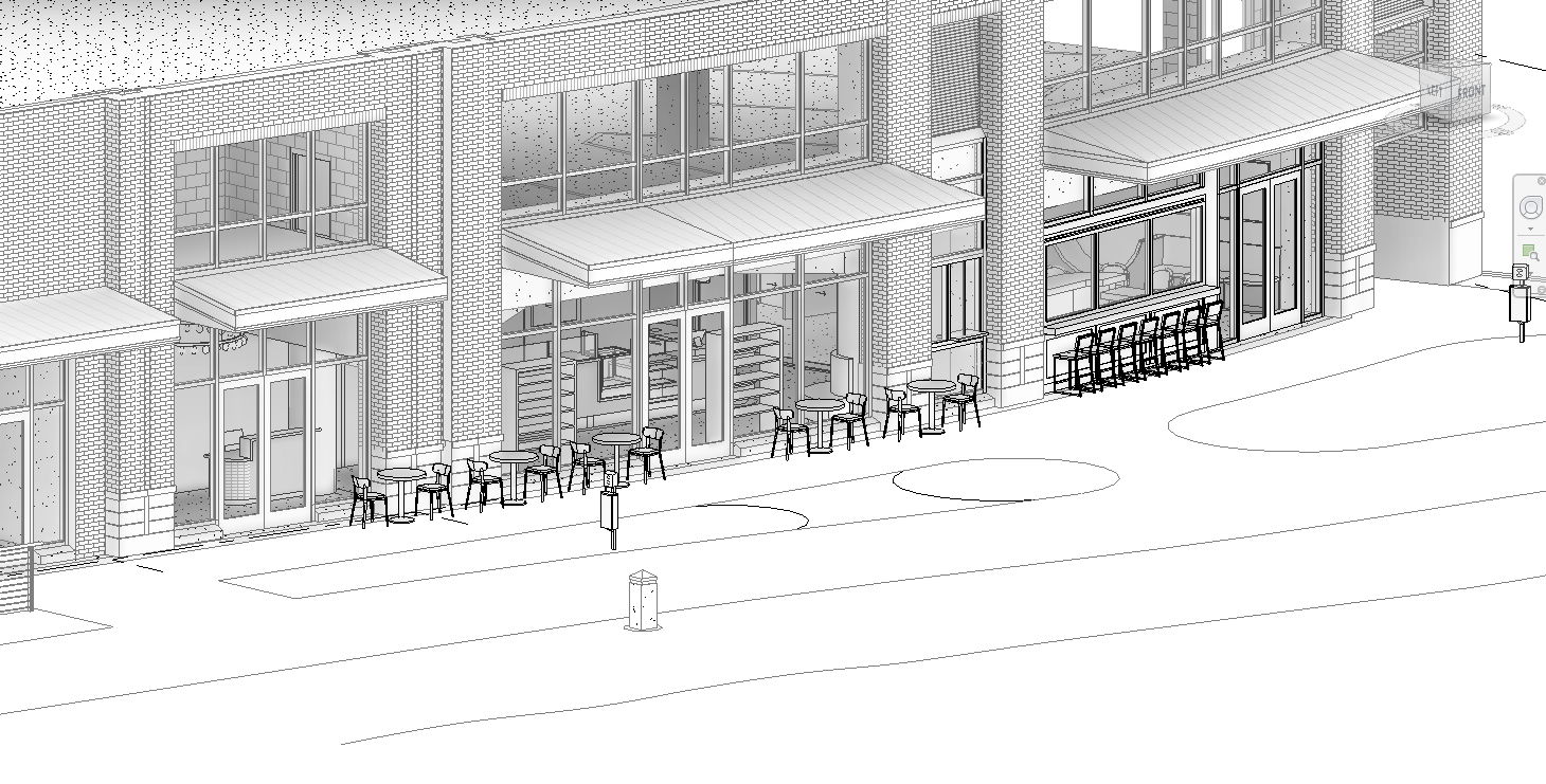 Svveet Pup flagship storefront elevation with patio seating along the Swamp Rabbit Trail