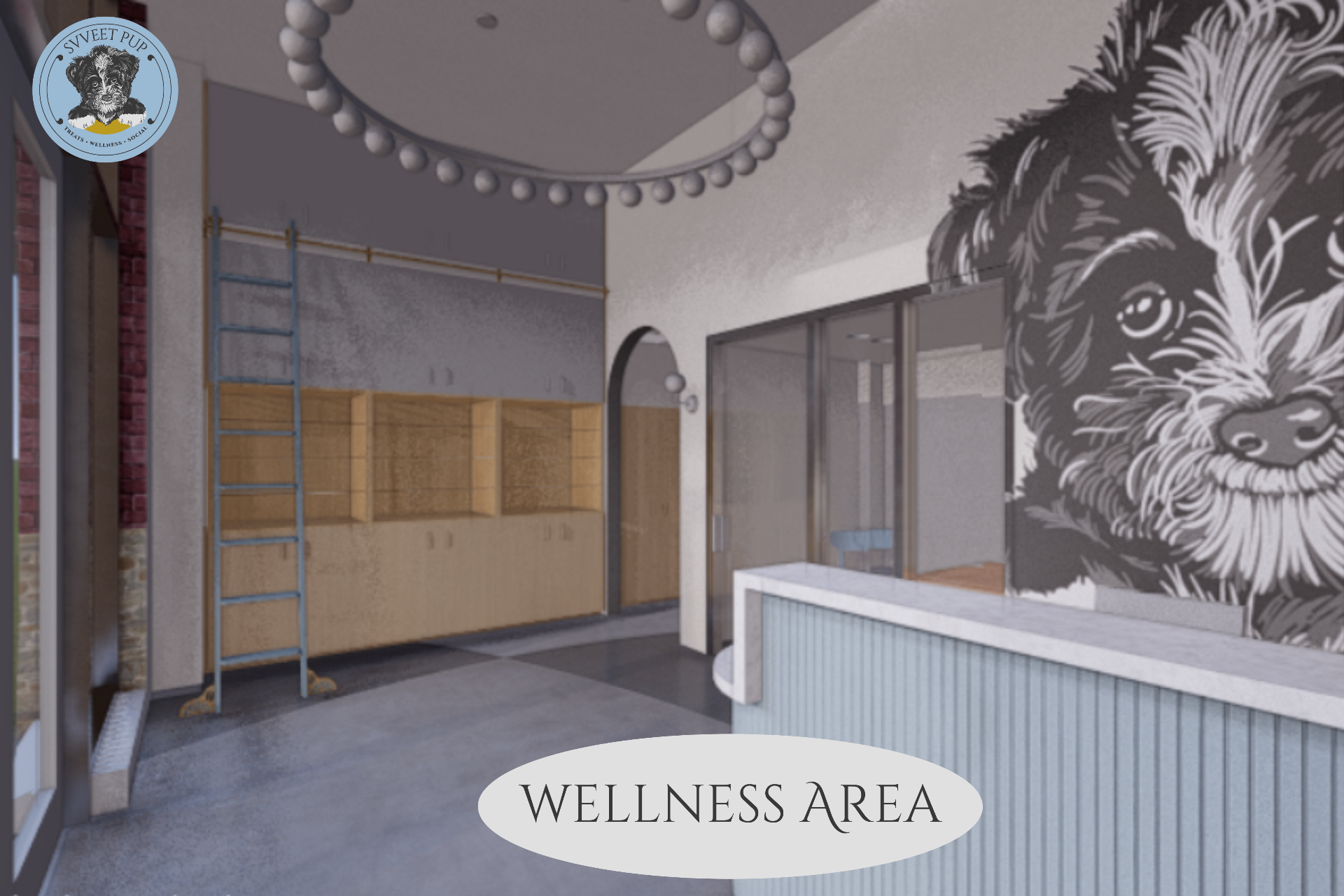 Svveet Pup Wellness Area featuring open shelving, mural, and calming reception counter