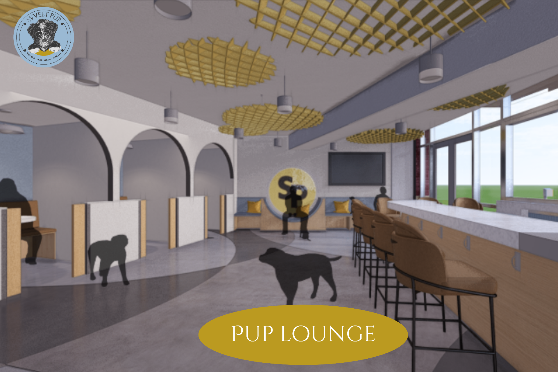 Svveet Pup interior rendering — Pup Lounge with arched dog nooks, brass ceiling detail, and communal counter seating