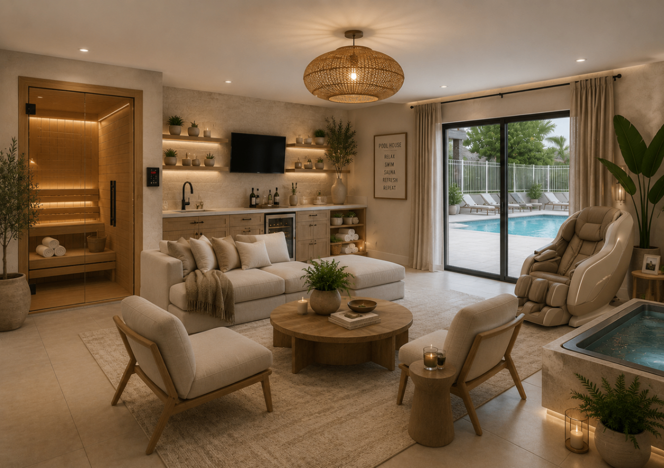 Pool house with sauna, cold plunge and massage chair