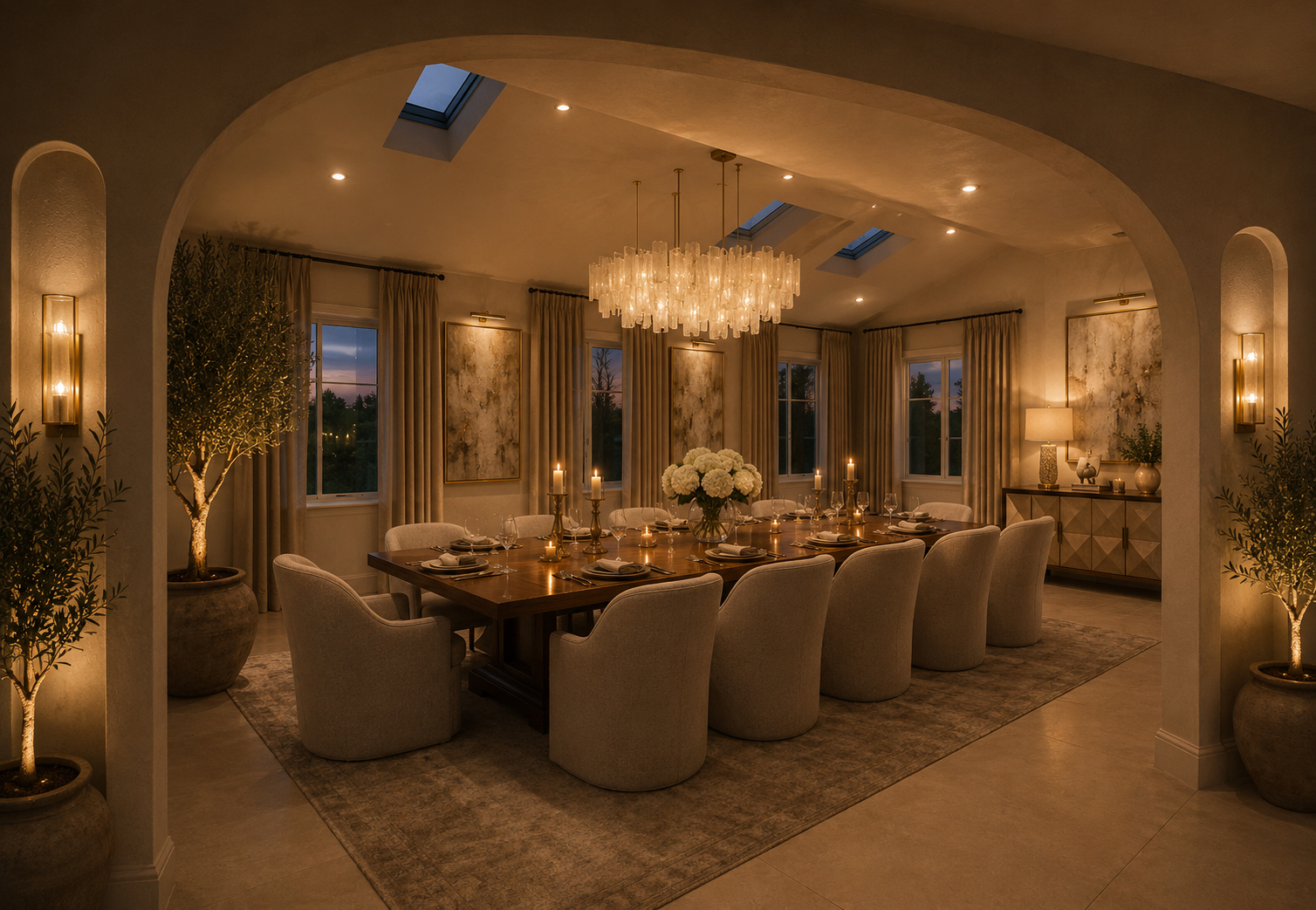 Candlelit formal dining room with arched opening and chandelier